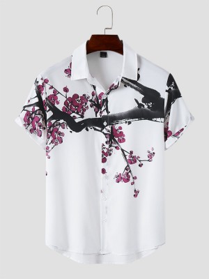 Mens Wintersweet Brushwork Print Short Sleeve All Matched Shirts