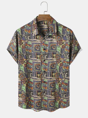 Mens Vintage Geometric Pattern Button Up Short Sleeve Shirts
