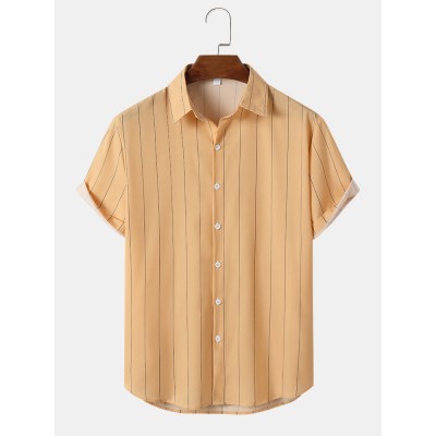 Mens Vertical Striped Button Front Plain Short Sleeve Shirts