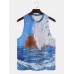 Men Landscape Print Art Style O Neck Sleeveless Cool Top