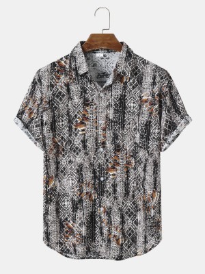 Mens Vintage Geometric Print Button Up Short Sleeve Shirts