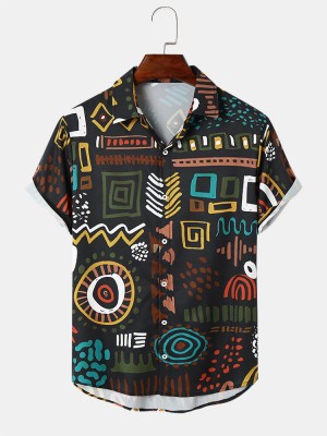 Mens Vintage Tribal Print Short Sleeve Front Buttons Shirts