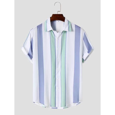 Mens Wide Striped Button Up Preppy Short Sleeve Shirts