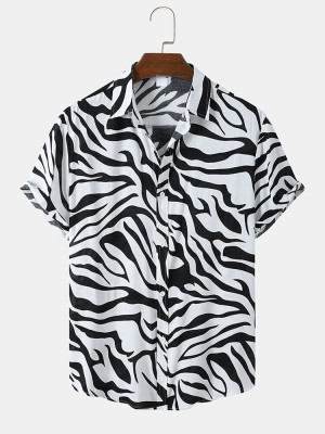 Mens Zebra Print Lapel Button Up Short Sleeve Shirts