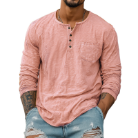 Men's Spring And Summer Casual Tough Style Henry Collar Bamboo Cotton Long Sleeve T-Shirt MTA1676G2K